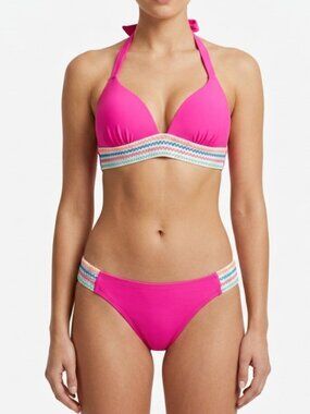 SALT + COVE Bright Pink Embroidered Band 2 Piece Bikini SET Halter Hipster S NWT